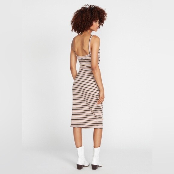 NWT VOLCOM STRIPED STONE CHECKED MIDI DRESS - ESPRESSO. Size Large - Picture 6 of 14